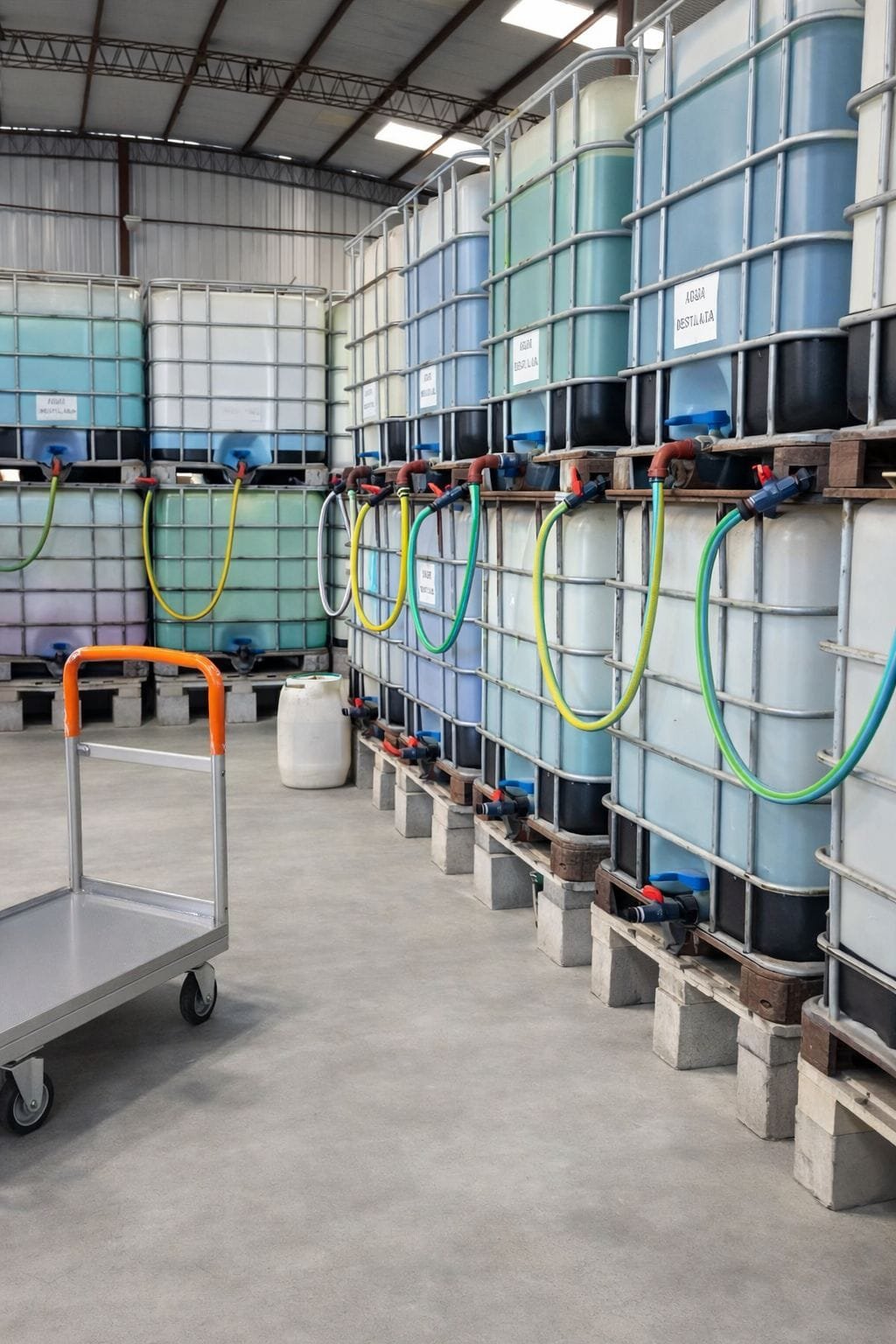 Bidones de 5 litros de jabón líquido recién envasados en la fábrica